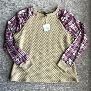 Noracora long sleeve shirt with plaid sleeves Sz L-NEW WITH TAGS!